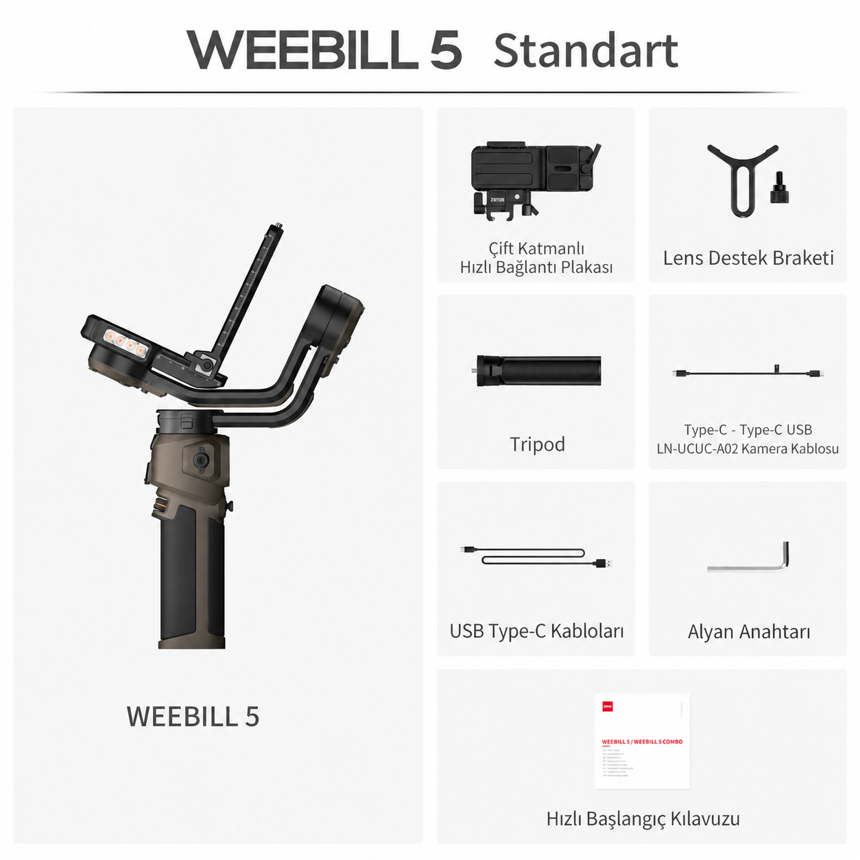 Zhiyun WEEBILL 5 -  3 Eksenli Kamera Gimbalı – AI Takip, Dahili Tutma Kolu ve 3 kg Taşıma Kapasitesi