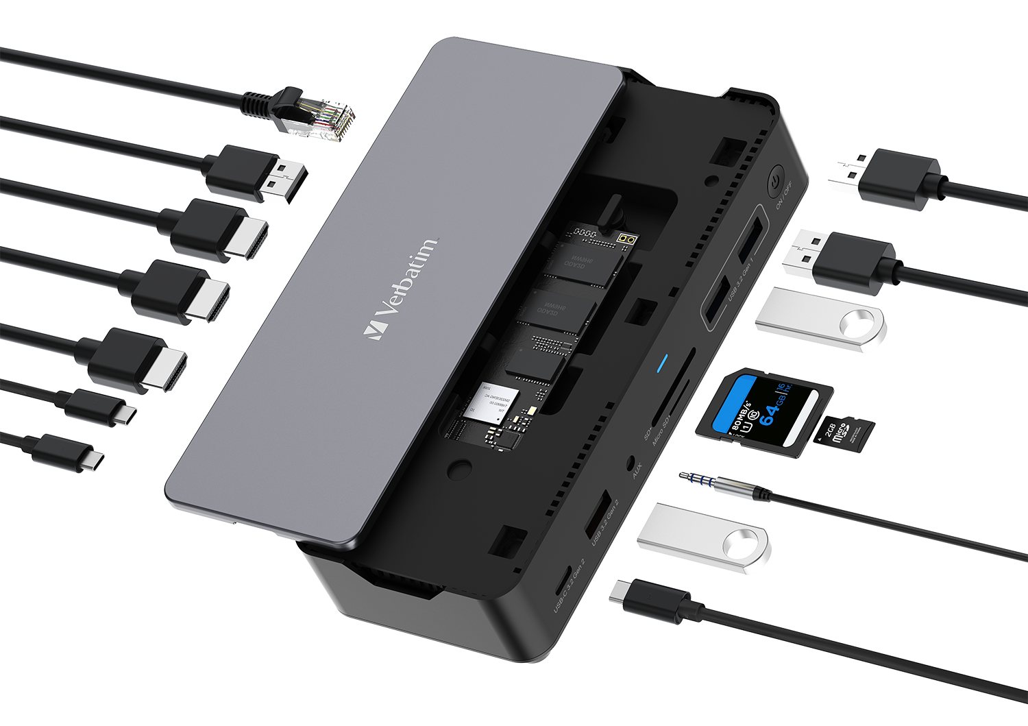 Verbatim 15 Port USB-C Bağlantılı Çoklayıcı SSD Yuvalı Dock  2 x HDMI, 1 x D Port, 1 x RJ45, 1 x Usb-A 3.2 Gen2, 2 x Usb-A 3.2