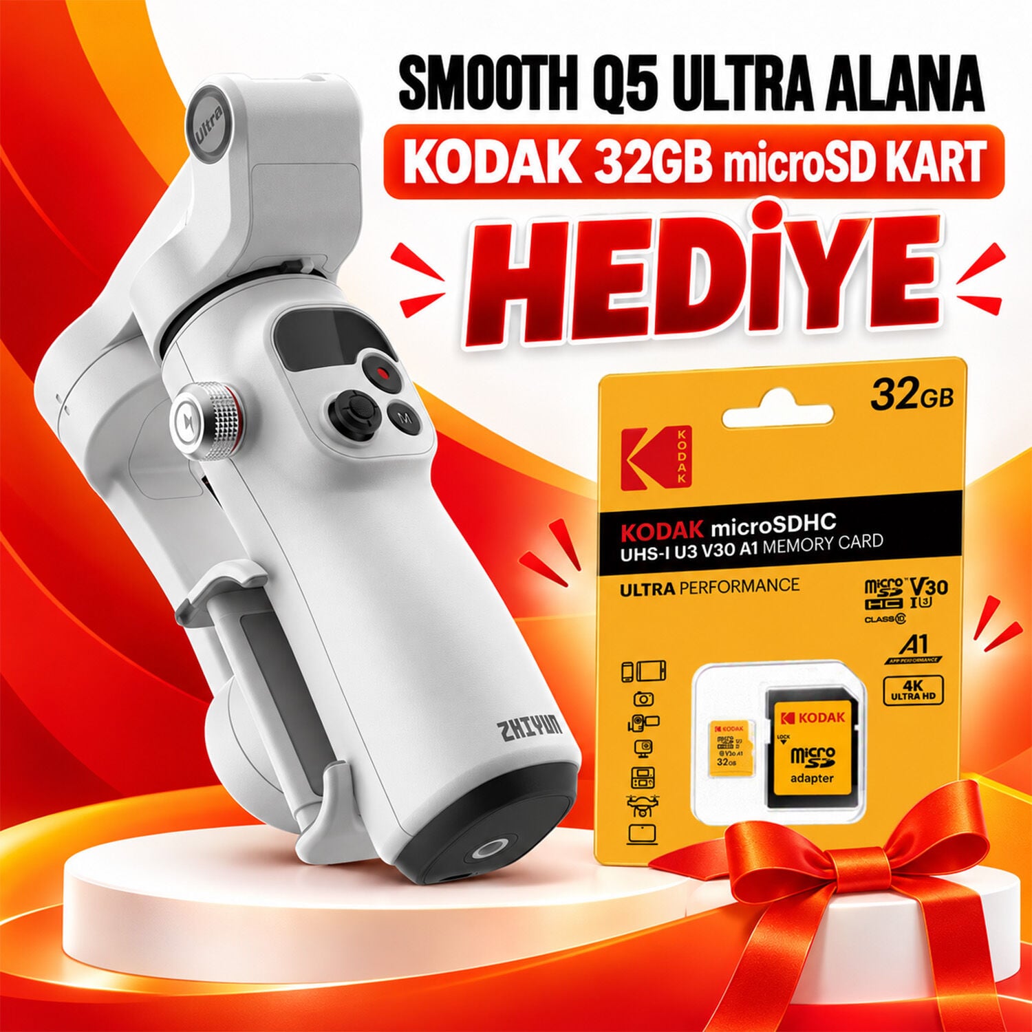 Zhiyun Smooth Q5 Ultra Combo – AI Takip Özellikli Telefon Gimbalı - Kodak 32GB UHS-I U3/V30/A1 Micro SD Hafıza Kartı  Hediye