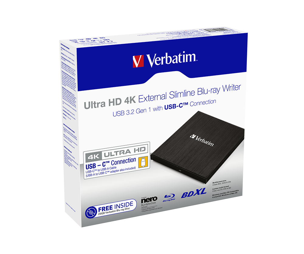 Verbatim 43888 - Ultra Hd 4K External Slimline Blu-Ray Writer Usb 3.2 Gen 1/Usb-C